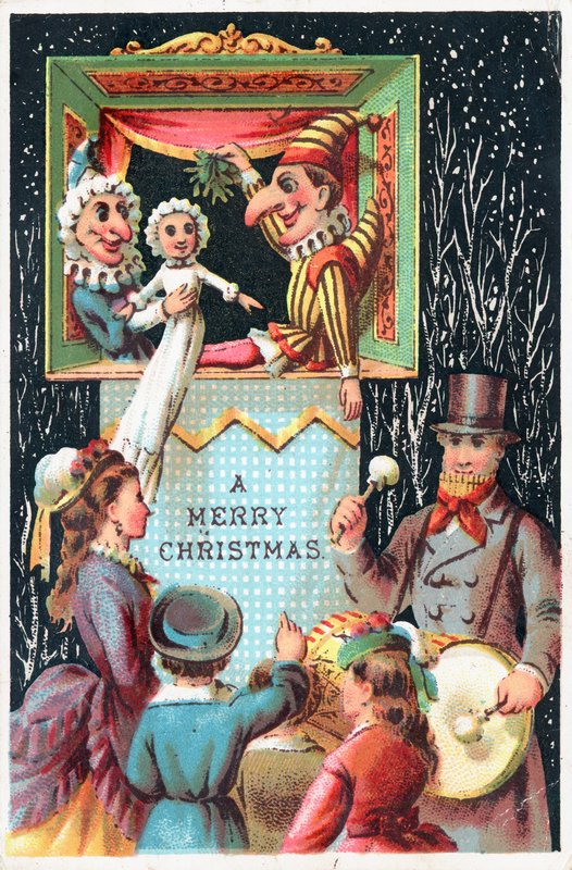 Mr Punch holder mistelten, julekort af English School