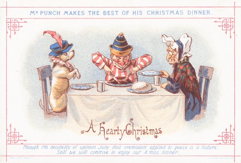 Mr Punch sætter sig til julemiddag, julekort af English School