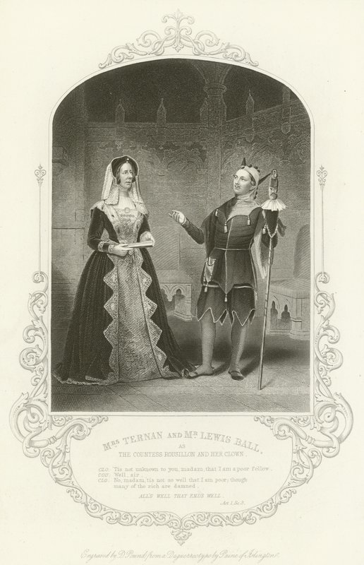 Fru Ternan og hr. Lewis Ball som grevinden Rousillon og hendes klovn, Alls Well That Ends Well, Act I, scene iii af English School