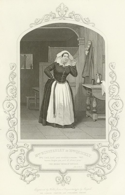 Mrs Winstanley som Mrs Quickly, The Merry Wives of Windsor, akt II, scene ii af English School