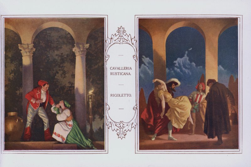 Vægmalerier i Peter Robinson restaurant: Cavalleria Rusticana, Rigoletto (farve litho) af English School