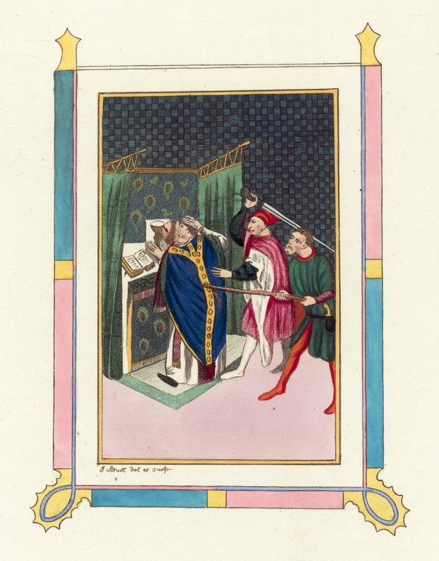 Mordet på Thomas Becket (farvet gravering) af English School