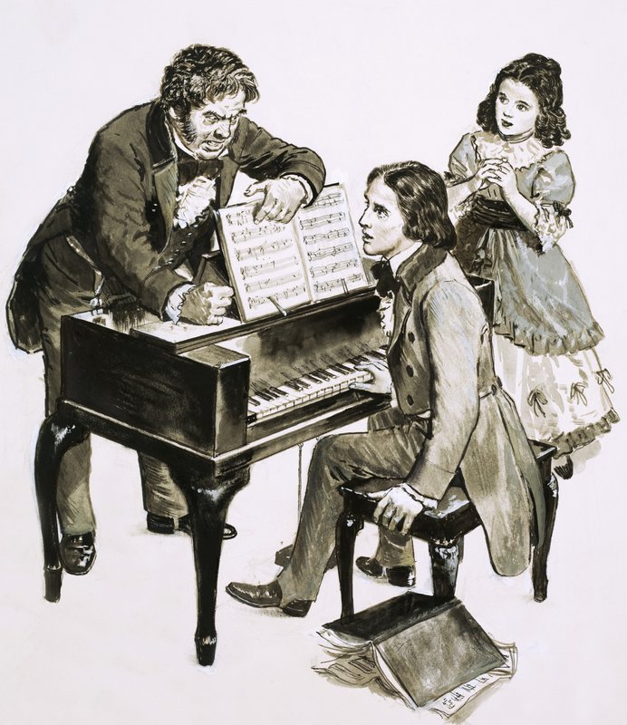 Musiklærer Friedrich Wieck råber af Robert Schumann, mens hans datter, Clara Wieck, ser på af English School