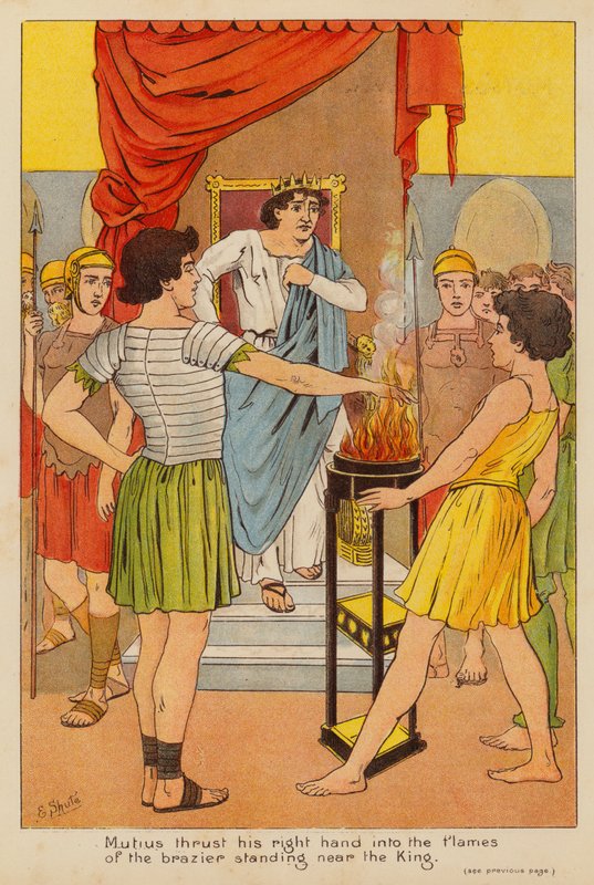 Mutius stikker sin højre hånd ind i flammerne fra fyrfadet og står tæt på kongen (farvelitografi) af English School