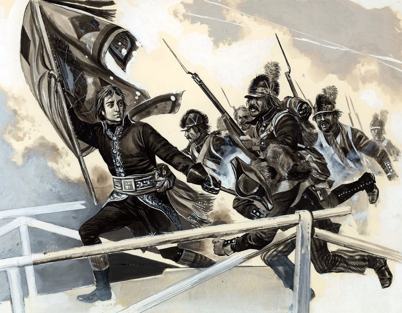 Napoleon leder sin hær over broen ved Lodi. af English School