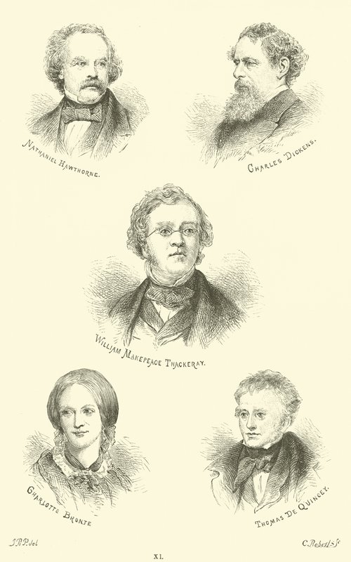 Nathaniel Hawthorne, Charles Dickens, William Makepeace Thackeray, Charlotte Bronte, Thomas De Quincey af English School