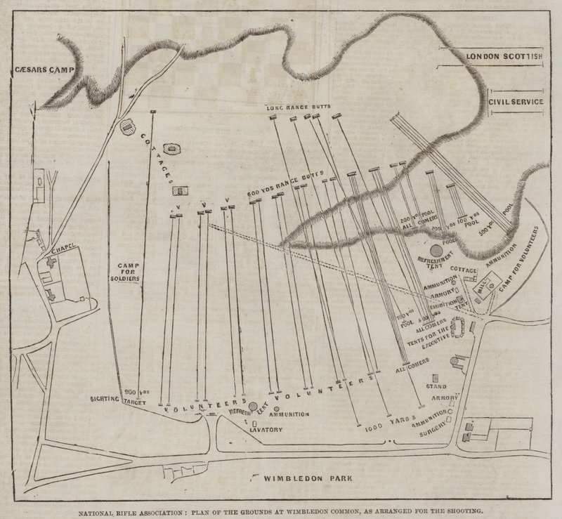 National Rifle Association, Plan of the Grounds ved Wimbledon Common, som arrangeret for skydningen (gravering) af English School