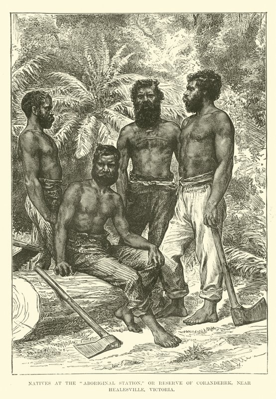Indfødte ved Aboriginal Station, eller Reserve of Coranderrk, nær Healesville, Victoria af English School