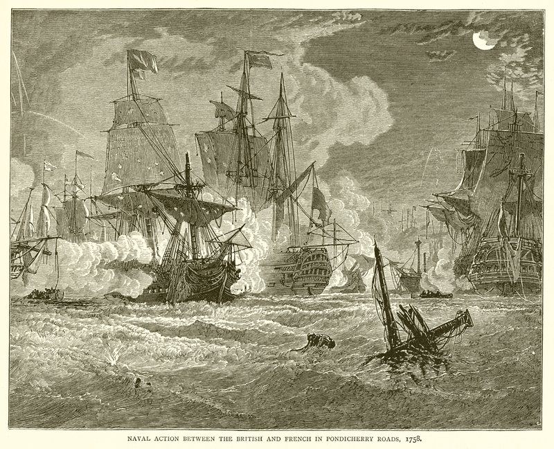 Søaktion mellem briterne og franskmændene i Pondicherry Roads, 1758 af English School