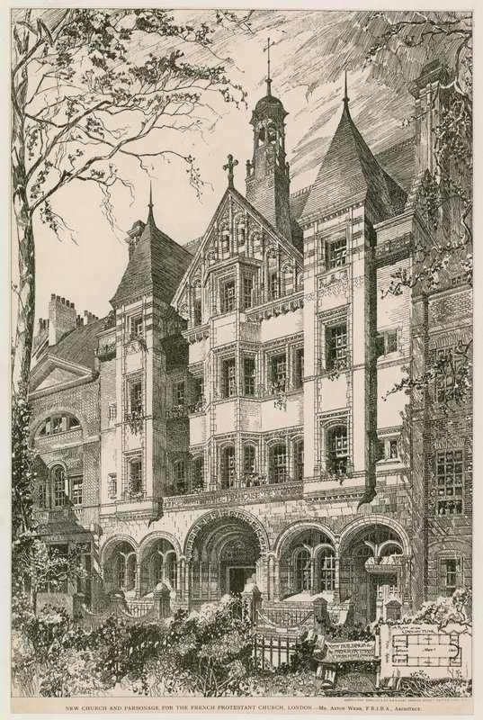 Ny kirke og præstegård for den franske protestantiske kirke, London af English School