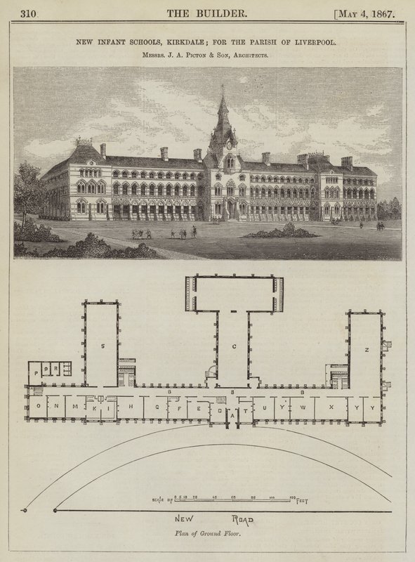 New Infant Schools, Kirkdale; for sognet Liverpool, herrerne JA Picton og søn, arkitekter (gravering) af English School