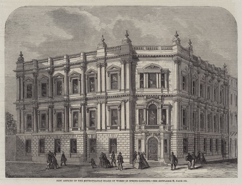 Nye kontorer for Metropolitan Board of Works i Spring-Gardens (gravering) af English School
