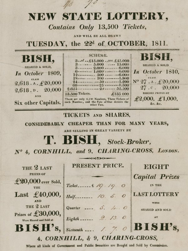 New State Lottery, drevet af T. Bish, børsmægler, 4 Cornhill og 9 Charing Cross, London af English School