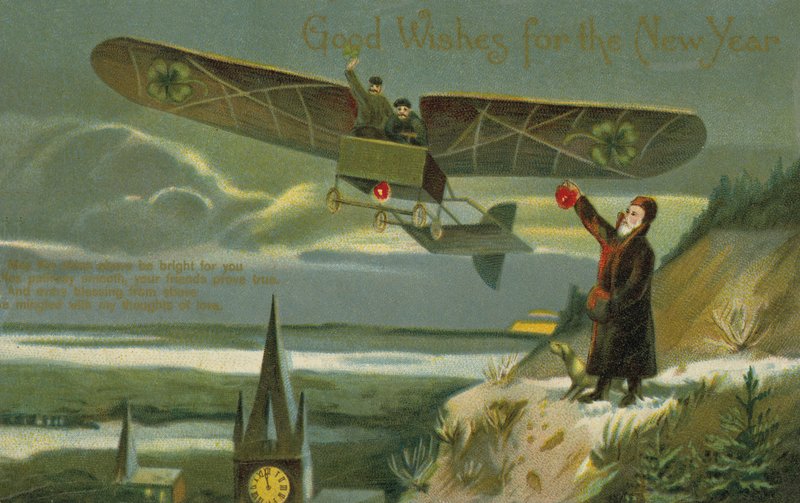 Nytårskort med et fly (farve litho) af English School