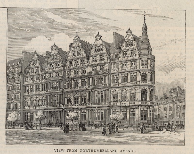 Ny bygning af Constitutional Club i Northumberland Avenue: Udsigt fra Northumberland Avenue af English School