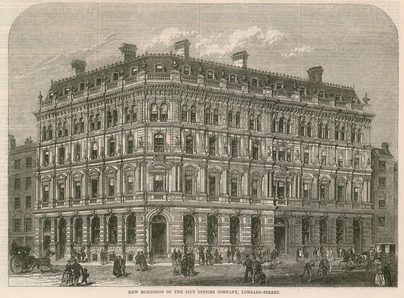 Nye bygninger af City Offices Company, Lombard Street, London af English School