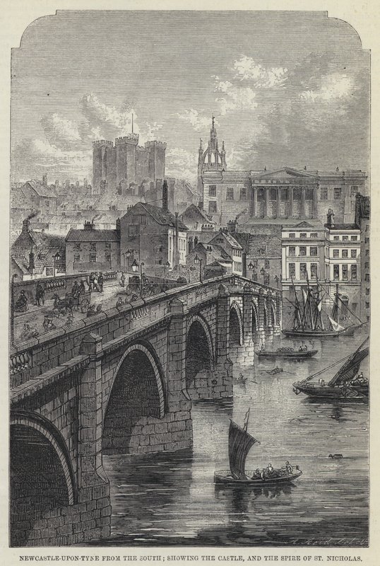 Newcastle-upon-Tyne fra syd, der viser slottet og St Nicholas Spire (gravering) af English School