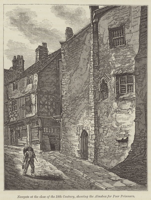 Newgate i slutningen af det 18. århundrede, viser Almsbox for Poor Prisoners (gravering) af English School