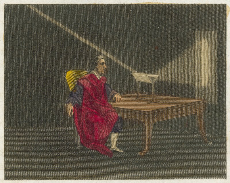 Newton opdager lysets natur (koloreret stik) af English School