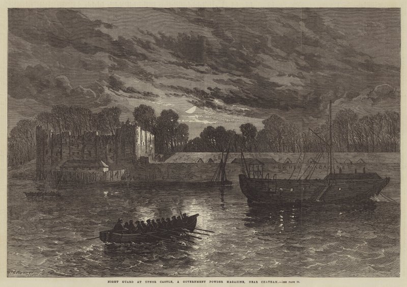 Nattevagt ved Upnor Castle, et regeringspulvermagasin, nær Chatham (gravering) af English School