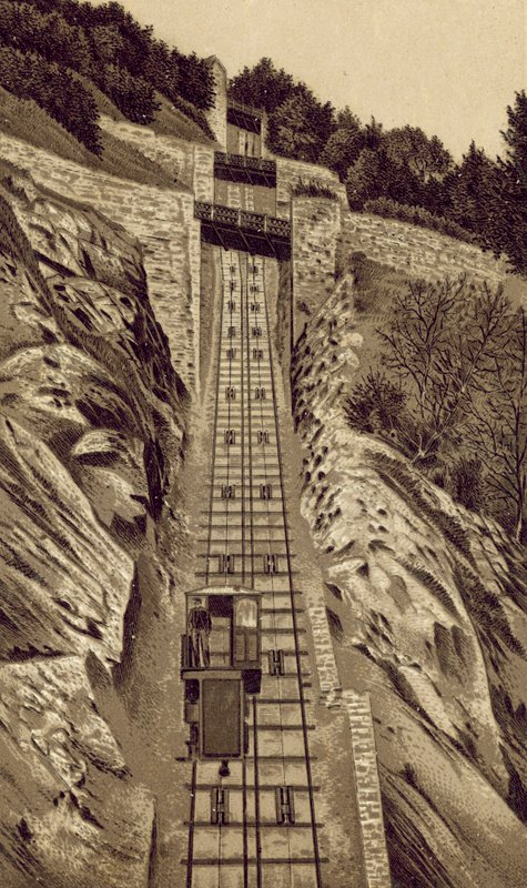 North Devon: Cliff Railway, Lynmouth til Lynton (litografi) af English School