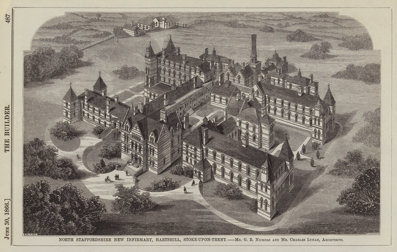 North Staffordshire New Infirmary, Hartshill, Stoke-upon-Trent, hr. GB Nichols og hr. Charles Lynam, arkitekter (gravering) af English School
