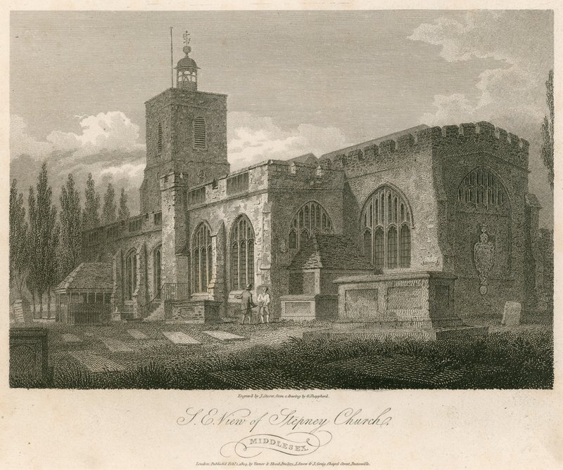 Nordøst udsigt over Stepney Church, London af English School