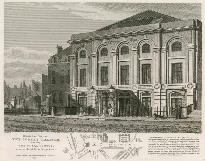 Nordøst udsigt over Surrey Theatre, Blackfriars Road, London af English School