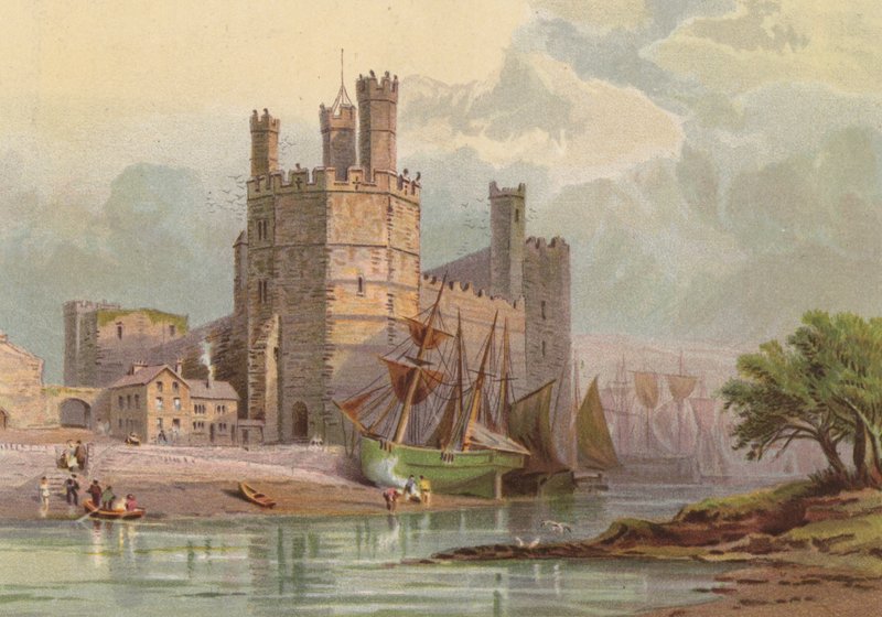 Nord for Wales, Carnarvon Castle (farve litho) af English School