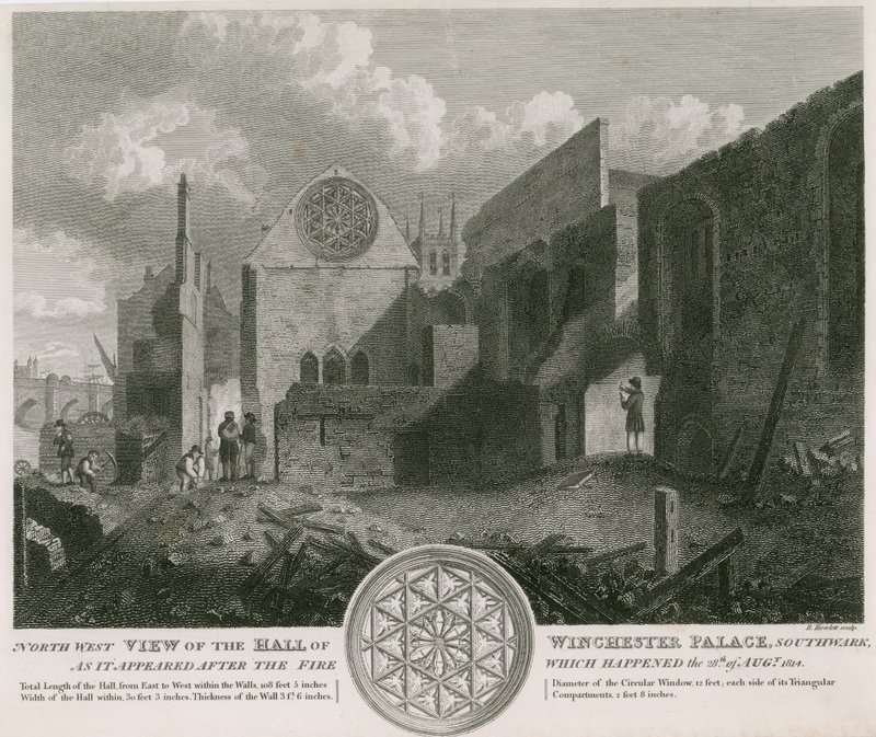 Nordvestlig udsigt over Hall of Winchester Palace, som det så ud efter branden af English School