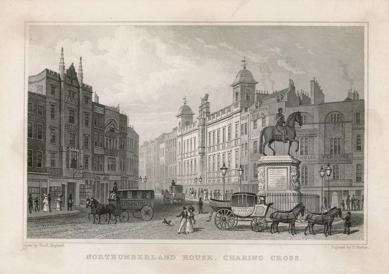 Northumberland House, Charing Cross. Bishs Lottery Office, No 9 Charing Cross, er nabo til Golden Cross Hotel af English School