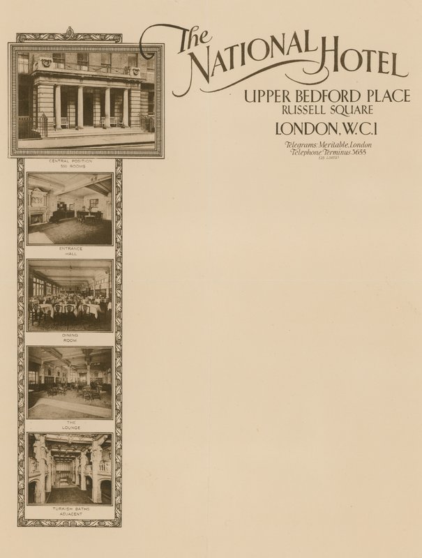 Notespapir fra The National Hotel, Upper Bedford Place, Russell Square af English School