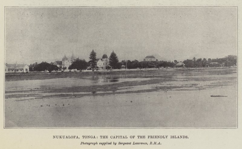 Nukualofa, Tonga, hovedstaden på de venlige øer (litho) af English School