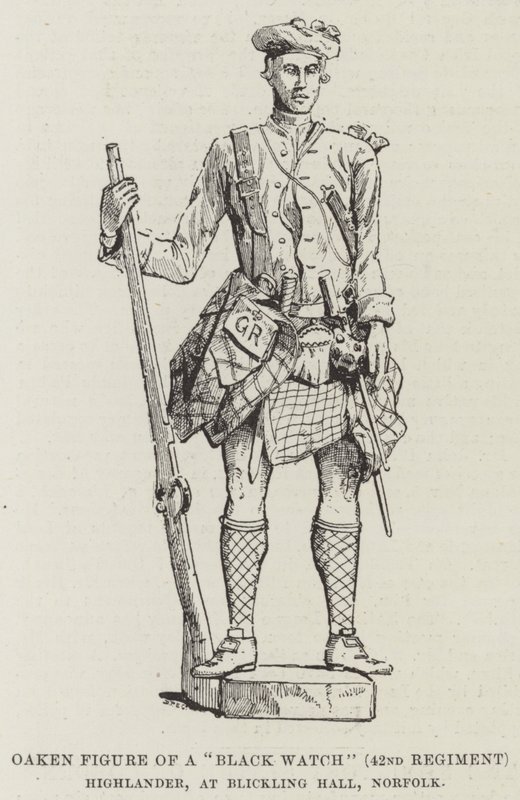 Oaken-figur af en "Black Watch" (42. Regiment) Highlander, i Blickling Hall, Norfolk (gravering) af English School