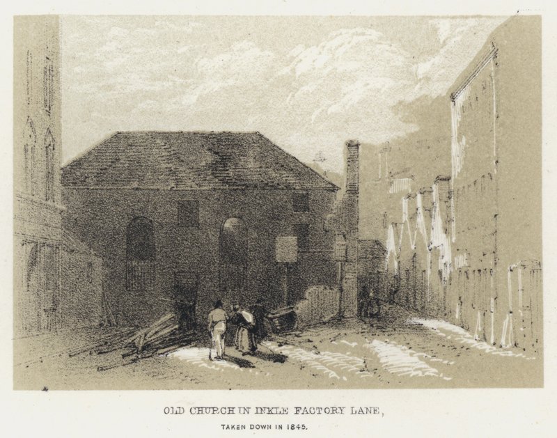 Old Church i Inkle Factory Lane, taget ned i 1845 (gravering) af English School