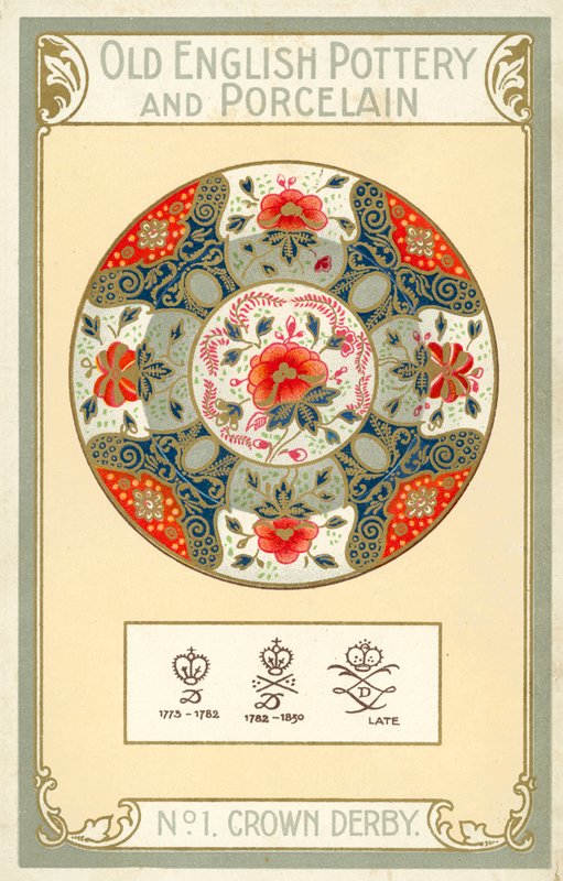 Gammelt engelsk keramik og porcelæn: Crown Derby (farvelitografi) af English School