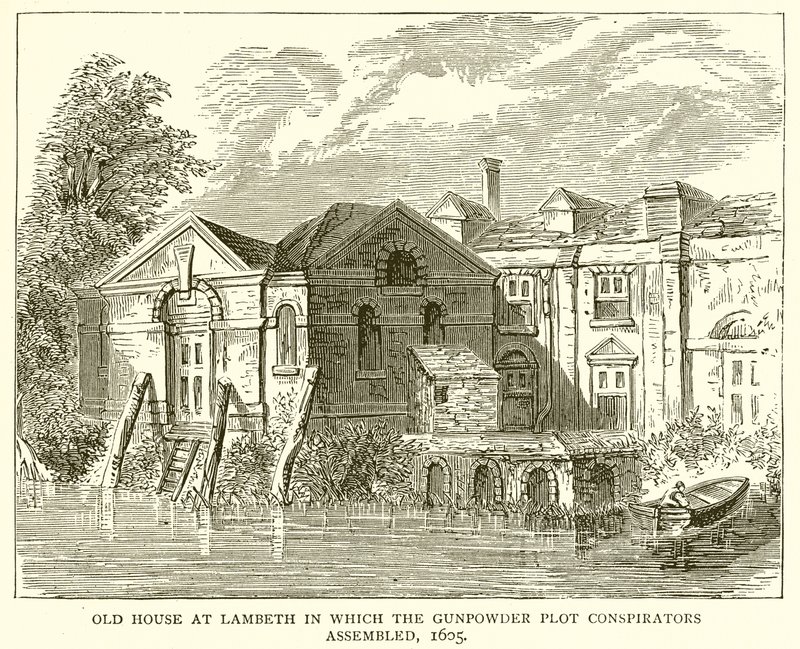 Gammelt hus ved Lambeth, hvor krudtkomplotterne samledes, 1605 af English School