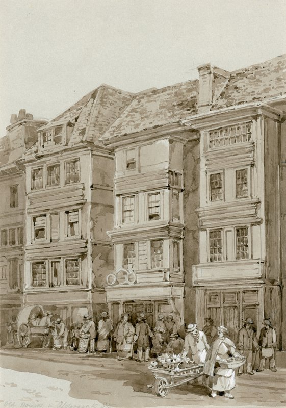 Gamle huse i Aldersgate Street (wc på papir) af English School