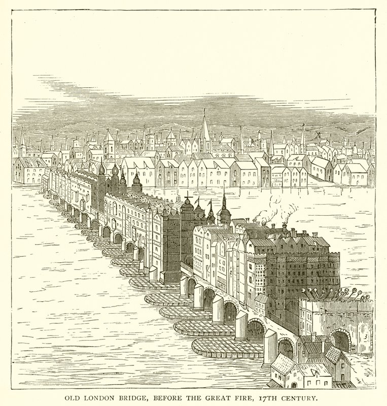 Old London Bridge, før den store brand, 17. århundrede af English School
