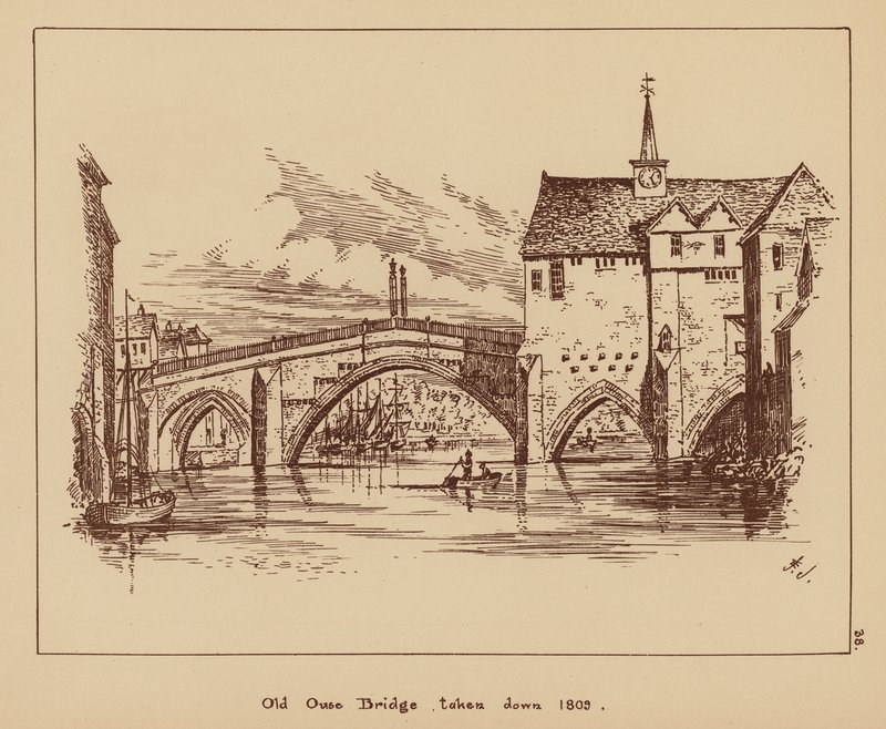 Den gamle Ouse-bro, taget ned i 1809 (litografi) af English School
