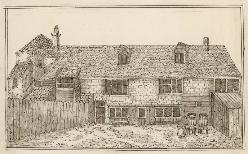 Old Pied Bull, Islington (bagerst) (blæk på papir) af English School