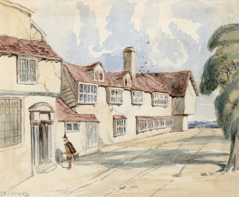 Old Pied Bull, Islington (bagerst) (wc på papir) af English School