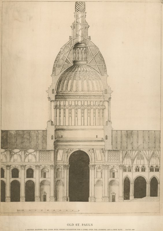 Old St Pauls Cathedral; et afsnit, der viser koret med Sir Christopher Wrens forslag til en kuppel af English School