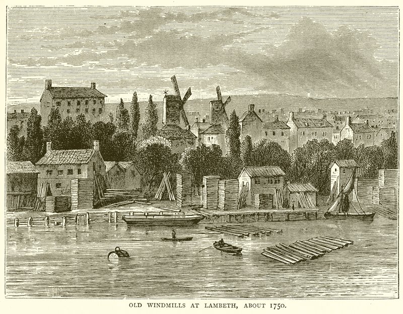 Gamle vindmøller ved Lambeth, omkring 1750 af English School