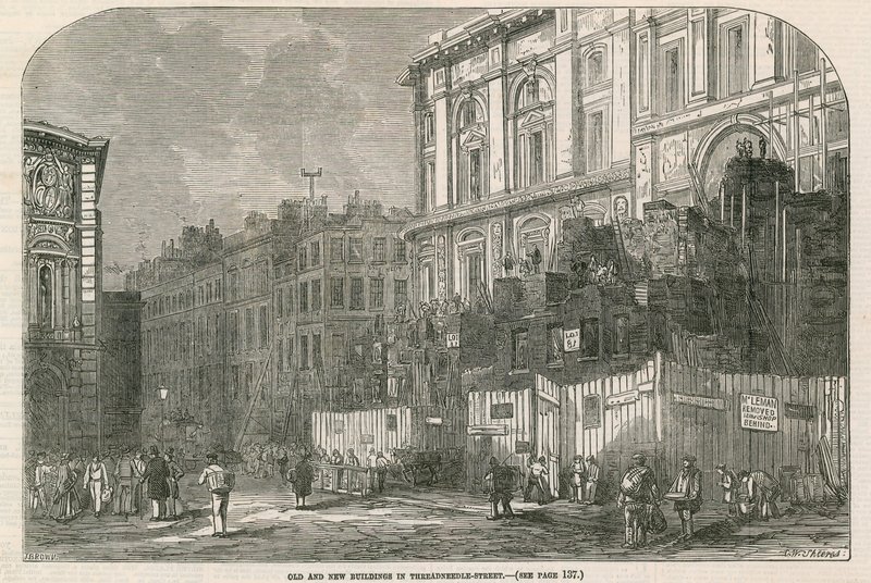Gamle og nye bygninger i Threadneedle Street, London af English School