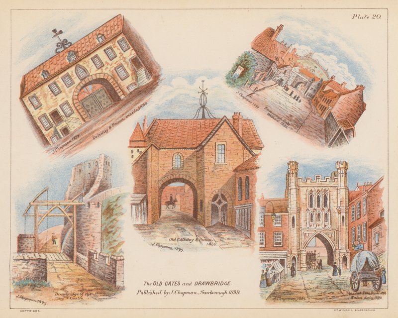 Gamle porte og vindebro, Scarborough (farvelitografi) af English School