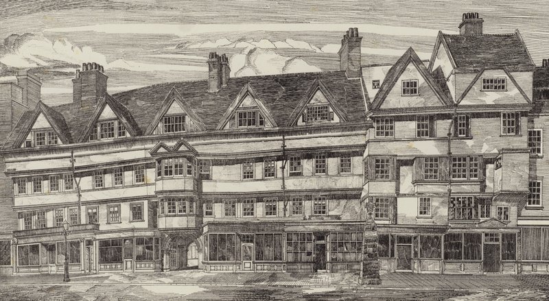 Gamle huse ved Holborn Bars, London af English School