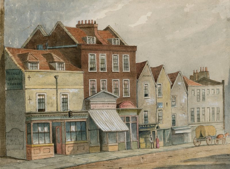 Gamle huse i Upper Street, Islington, overfor kirken (wc på papir) af English School