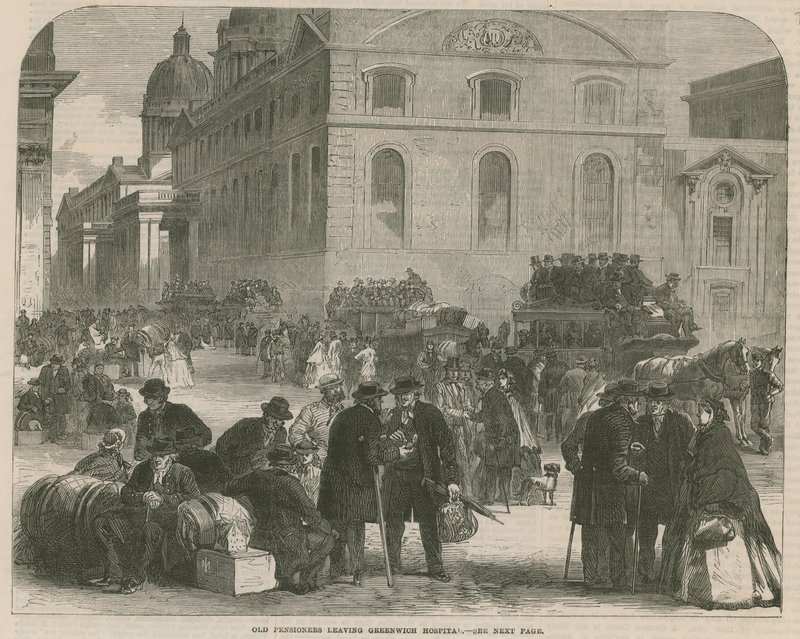 Gamle pensionister forlader Greenwich Hospital af English School