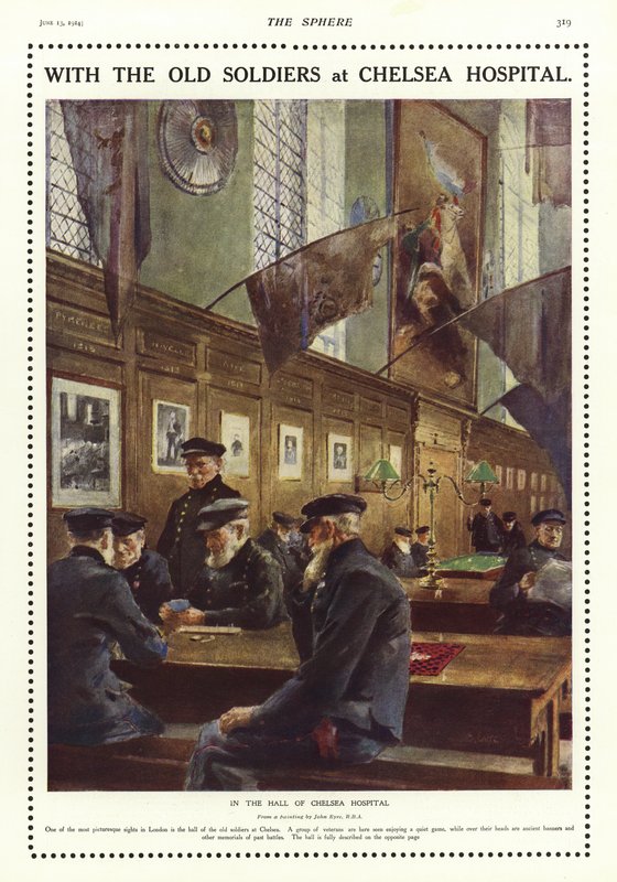 Gamle soldater i hallen på Chelsea Hospital, London af English School